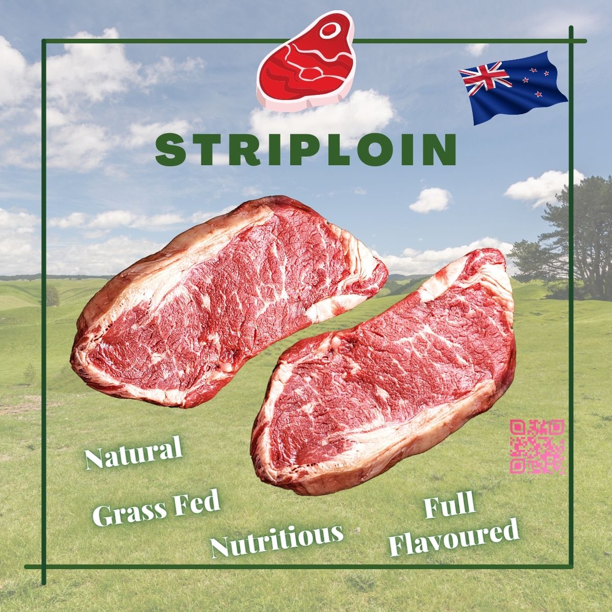 New Zealand Top Grade Grass Fed Beef Striploin Steaks (2pcs)