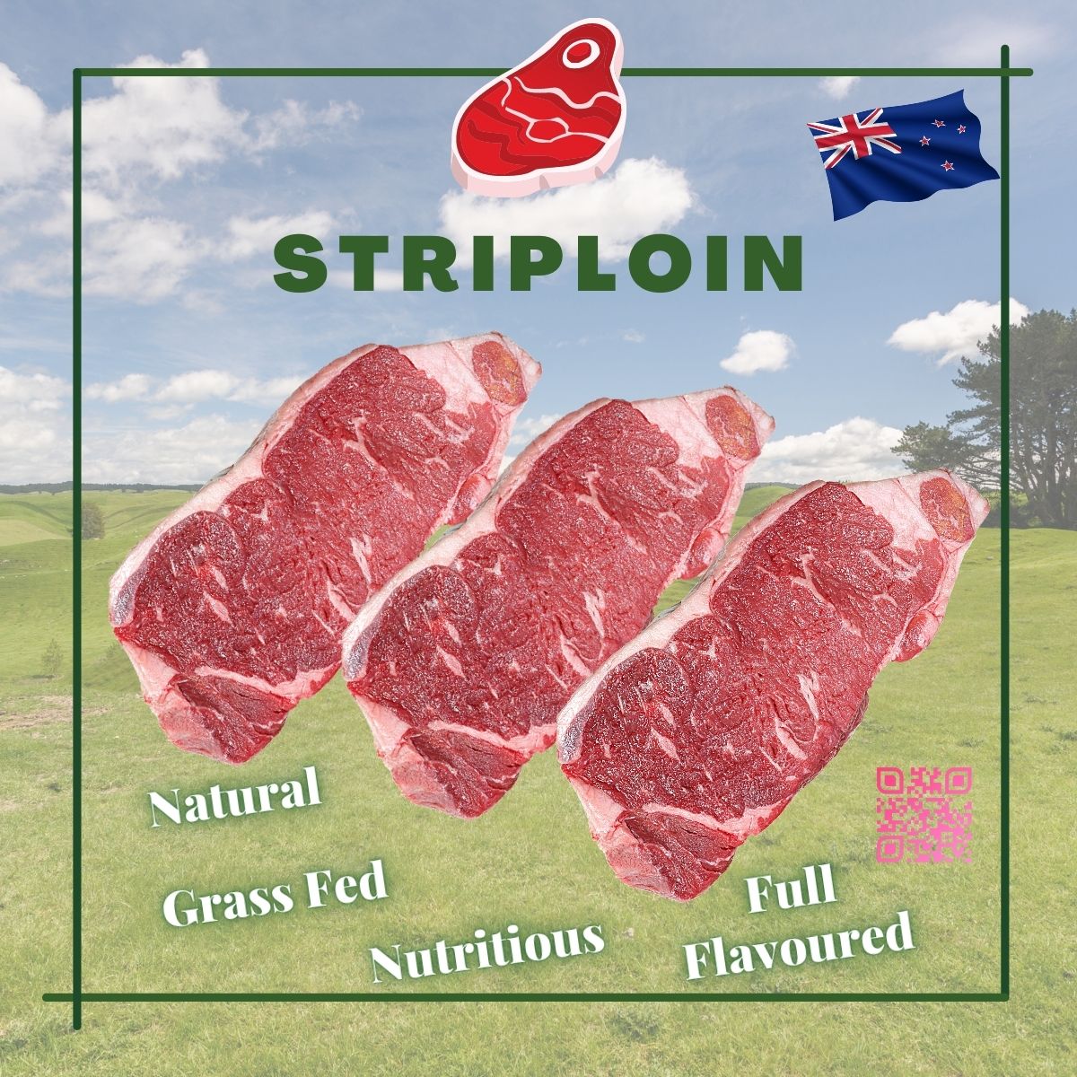 New Zealand Top Grade Grass Fed Beef Striploin Steak Thin Cut (3 pcs)